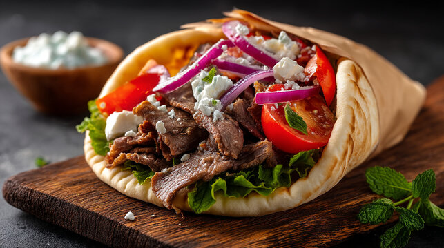 Delicious Greek doner kebab in pita bread on wooden board