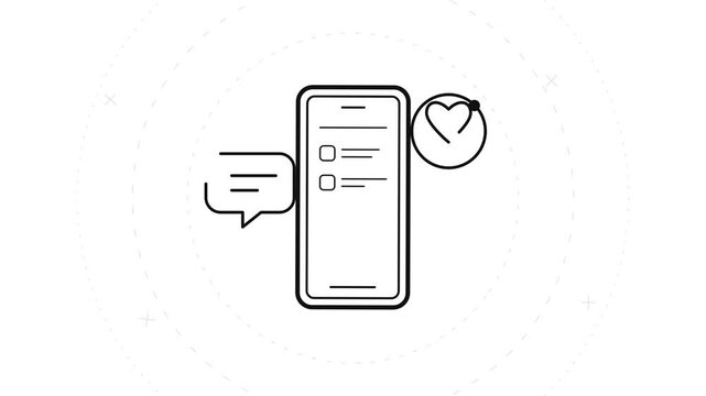 Smartphone line art with message bubble and heart notification icon