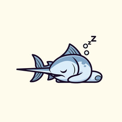 Fototapeta premium A cartoon hammerhead shark is peacefully sleeping, styled in a simple, flat design against a neutral off-white background. 