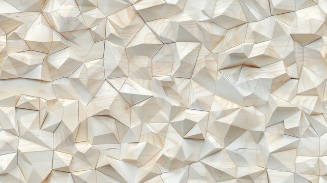 Close-up of white triangular wood panels. Geometric pattern repeats seamlessly across the surface. Each triangle has a beveled edge for dimension. Natural light color creates soft texture