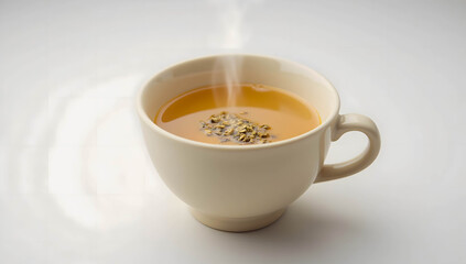 Herbal tea in a white cup with steam and garnished with flowers  