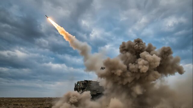 Mobile rocket launcher system firing missiles into cloudy sky for military exercise and defense technology demonstration