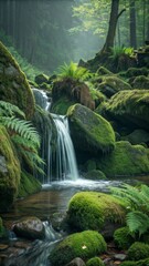 Fototapeta premium Gentle waterfall flow over mossy stones in lush forest nature photography tranquil environment serene viewpoint