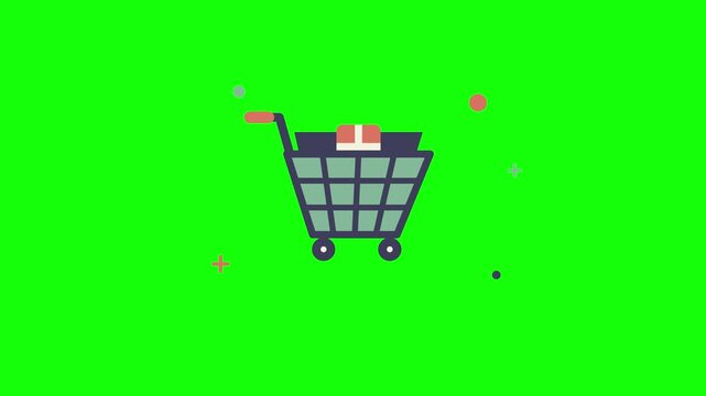 Shopping cart animation with gift box on green screen background