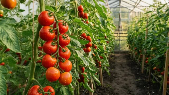Red cherry tomatoes ripening on vines in a bright commercial greenhouse for organic farming and healthy harvest concepts