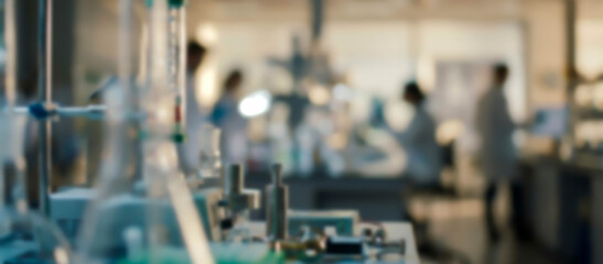 Obraz premium A modern laboratory setting showcasing various glassware and scientific equipment, with blurred figures in lab coats working in the background.