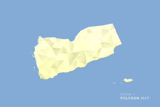 Yemen Map in low poly polygon vector style, geometric shape illustration with soft yellow tones on blue background, clean silhouette for infographic.