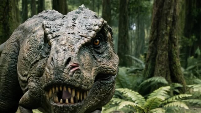 Ferocious Tyrannosaurus Rex closeup with open jaws in dense prehistoric jungle forest representing Jurassic dinosaur predator power extinction and the terrifying dominance of ancient reptile creatures