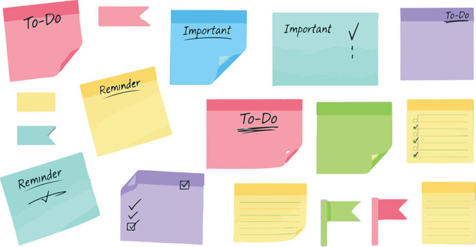 A collection of colorful sticky notes with handwritten reminders and to-do list labels on white