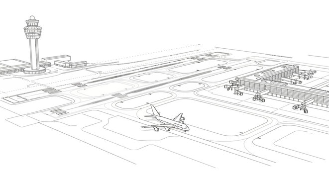 Architectural line drawing of a large airport layout with an airplane, control tower, and terminals.