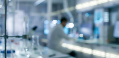 Obraz premium A scientist works in a modern laboratory filled with equipment and glassware, emphasizing research and innovation in a softly blurred background setting.