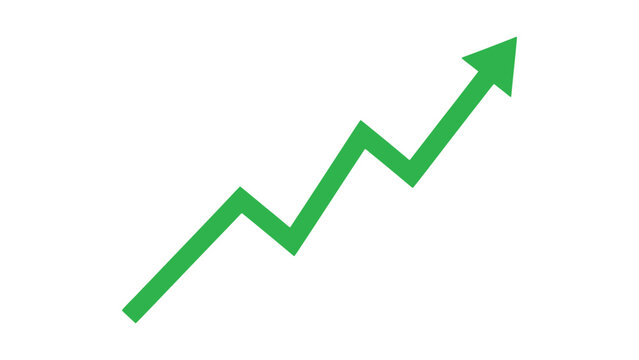 Green line graph arrow rising up concept of stock market business growth. Increasing financial profit and grow up trend sign vector.