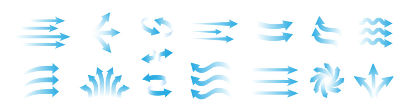 Blue air flow arrows set, wind direction stream swirls, ventilation and cooling motion vector elements on transparent background