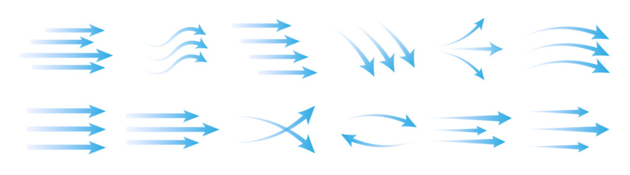 Blue air flow arrows set, wind direction stream swirls, ventilation and cooling motion vector elements on transparent background