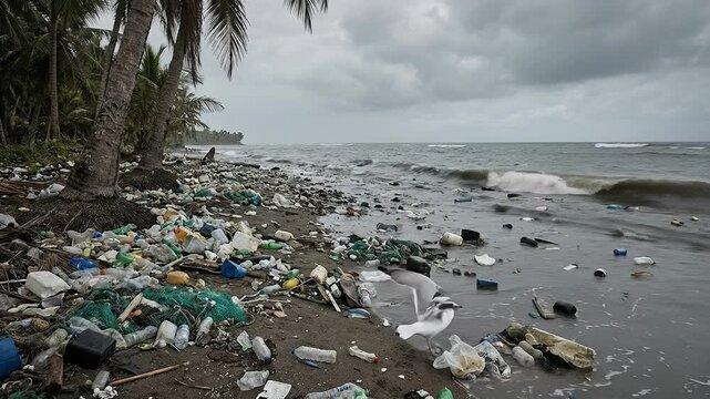 Tropical beach coastline devastated by massive plastic waste and garbage pollution under stormy sky representing critical environmental crisis ocean contamination and urgent Earth Day conservation mes