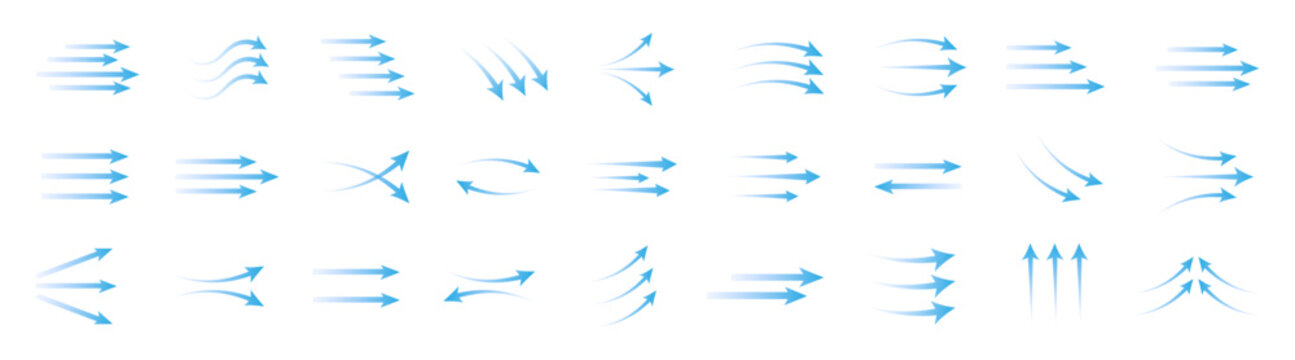 Blue air flow arrows set, wind direction stream swirls, ventilation and cooling motion vector elements on transparent background