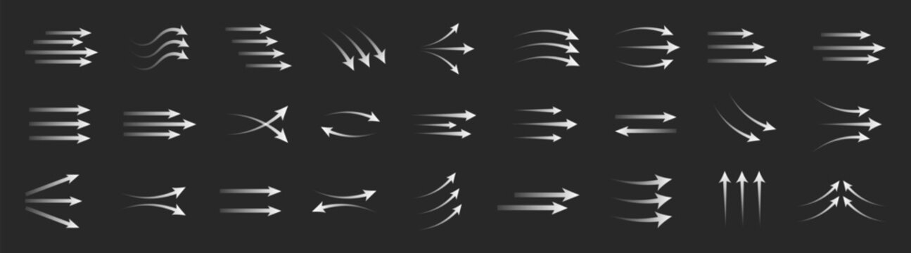 Air flow arrows set, wind direction stream swirl lines, ventilation and motion movement vector elements collection for airflow design and direction symbols.