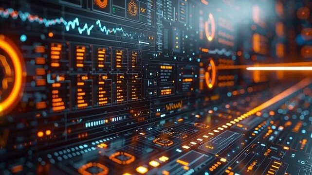 Close-up view of a futuristic computer motherboard with glowing orange circuits and data screens.