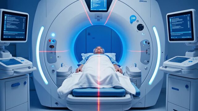 A patient lies on a sliding table entering a modern MRI machine with blue lights. Advanced medical technology for diagnostic imaging. Ideal for healthcare and medical research content.