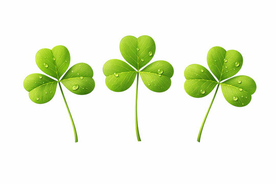 Three Vibrant Clover Leaves with Dew Drops on White Background
