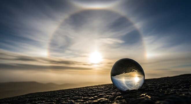 Clear crystal orb captures inverted sunrise and atmospheric halo against dusky landscape