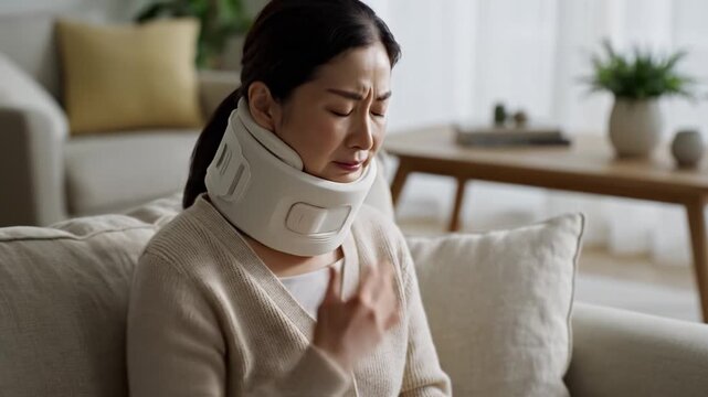 An Asian woman wears a white cervical neck brace while sitting on a sofa. She shows a painful expression and touches her neck. Suitable for medical, recovery, or insurance related content.