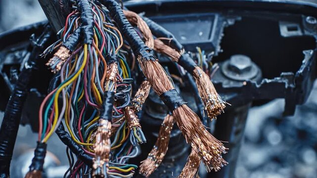 Frayed copper wires and colorful electrical cables on a broken motorcycle. Depicts mechanical damage or theft. Useful for insurance, repair, or scrap metal themes.