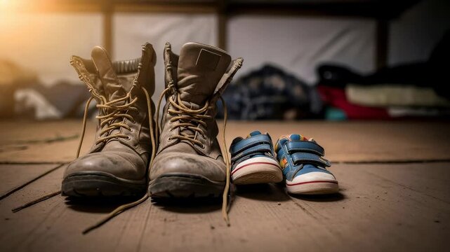 Large adult boots and small child shoes side by side on a wooden floor, representing growth and family journey