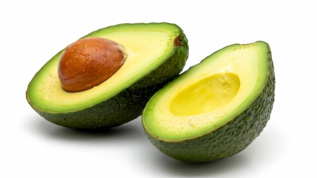 A halved green fruit with a brown pit in one half and a hollow center in the other