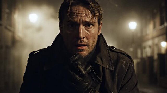 Scared man running in a foggy alley at night