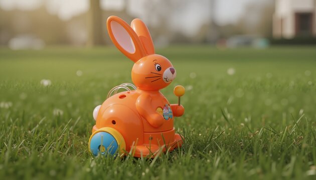 orange wind-up easter rabbit on the grass
