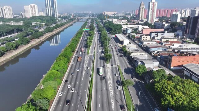 Marginal Tiete Road In Sao Paulo  Brazil. Highrise Buildings. Downtown District. Freeway Road. Marginal Tiete Road In Sao Paulo Brazil. Beautiful Cityscape. Sao Paulo Brazil.