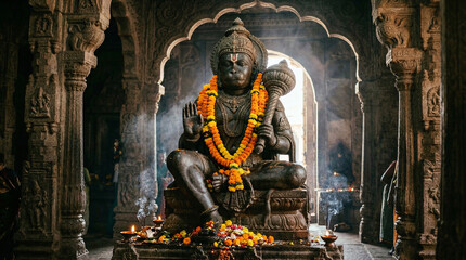 Obraz premium Majestic Lord Hanuman Statue Bathed in Golden Sunrise Light on Hanuman Jayanti in an Ancient Temple with Drifting Incense Smoke