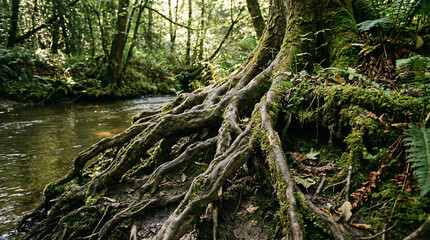 Obraz premium Gnarled Exposed Tree Roots Gripping a Muddy Bank in a Lush Forest Setting