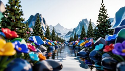 Obraz premium Colorful inflatable kayaks lined up on calm lake shore with snowy mountain peaks in background