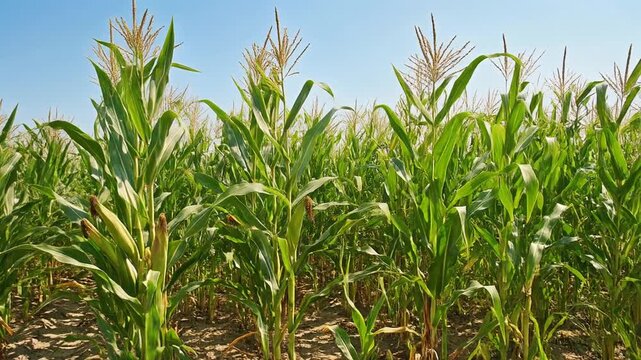Tall green corn stalks growing in farm field under clear blue sky for agricultural industry and ethanol production
