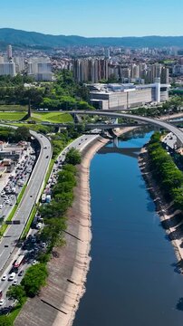 Traffic Road At Marginal Tiete Sao Paulo Brazil. Urban Life Landscape Of Freeway Road Connecting City Streets. Business Sky Downtown Cityscape. Business Downtown Panorama. Marginal Tiete Sao Paulo.
