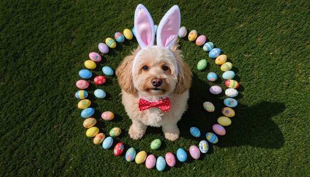 Overhead view of a cockapoo wearing bunny ears and a bow tie sitting on the grass surrounded by assorted painted Easter eggs
