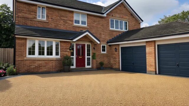 A Stunning Residential Entryway Featuring a Modern, Welcoming Facade with a Beautifully Landscaped Driveway and Elegant Front Door Accented by Lush Greenery