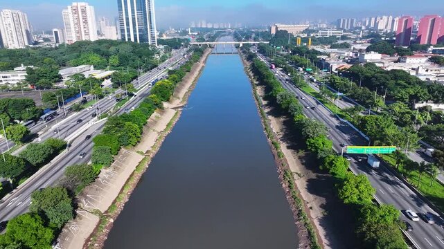 Sao Paulo Skyline In Sao Paulo  Brazil. Freeway Road. Highrise Buildings. Downtown District. Sao Paulo Skyline In Brazil. Landmark Avenue. Big City Cityscape. Marginal Tiete Road.