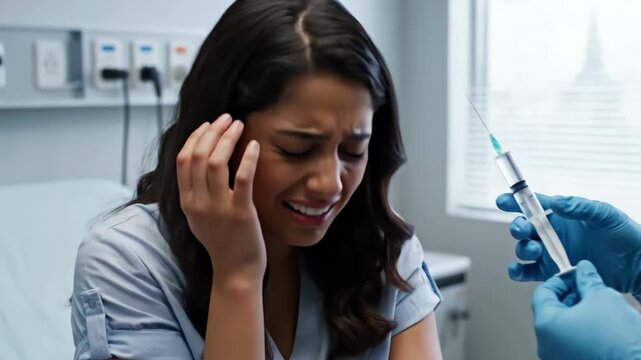 Scared woman with a fear of needles preparing for injection