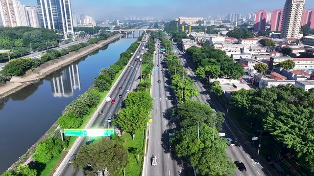 Sao Paulo Skyline In Sao Paulo  Brazil. Freeway Road. Highrise Buildings. Downtown District. Sao Paulo Skyline In Brazil. Landmark Avenue. Big City Cityscape. Marginal Tiete Road.