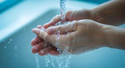 Fototapeta premium Clean hands washing under fresh running water for personal hygiene.