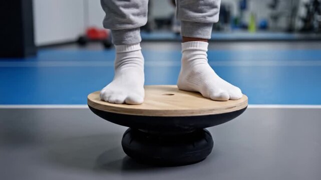 A person in white socks steps onto a wooden balance board in a gym. Focused on stability and core training. Ideal for physical therapy, fitness, and athletic training content.