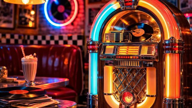 A Vibrantly Retro Jukebox Glows in a Cozy Diner, Inviting Guests to Enjoy Classic Tunes and Nostalgic Vibes with a Touch of Americana Charm.