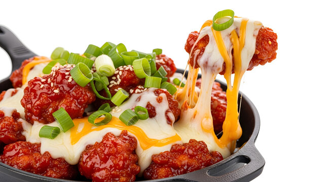 AI PHOTO - Chicken buldak or spicy Korean chicken with melting cheese shot in macro close up isolated against a white background for easy editing