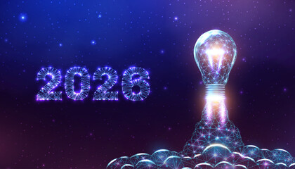 Futuristic light bulb, glowing polygon mesh. Abstract tech concept representing innovation, creative solutions, and digital energy in neon blue geometric wireframe style. Vector illustration. © Elena