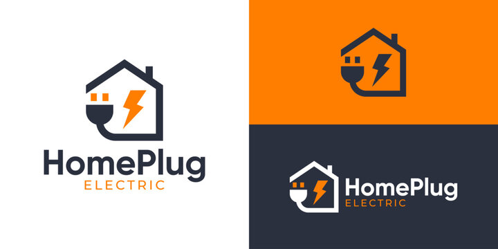Creative simple home plug logo template. Home with plug and lightning symbol logo for electrical installation company.