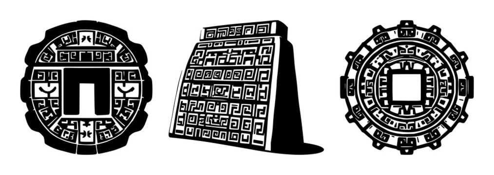 Ancient Mayan calendar stone set with solid black silhouette and intricate geometric patterns featuring Mayan, calendar, stone with vector and black and white