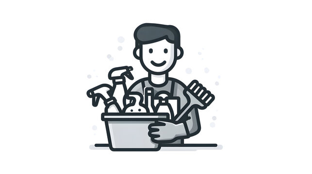Cleaning service worker holding a bucket full of cleaning supplies, detergent bottles, and a scrub brush, offering professional household and office hygiene